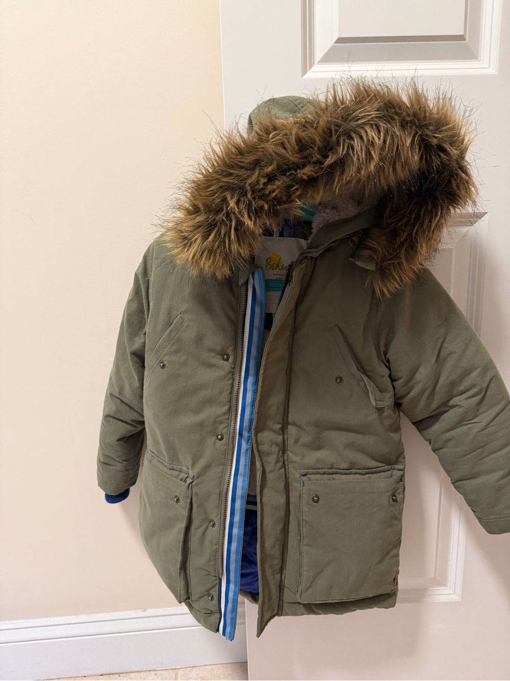 Kids Boden 5-6Y Olive Green Winter Parka with Faux Fur Hood